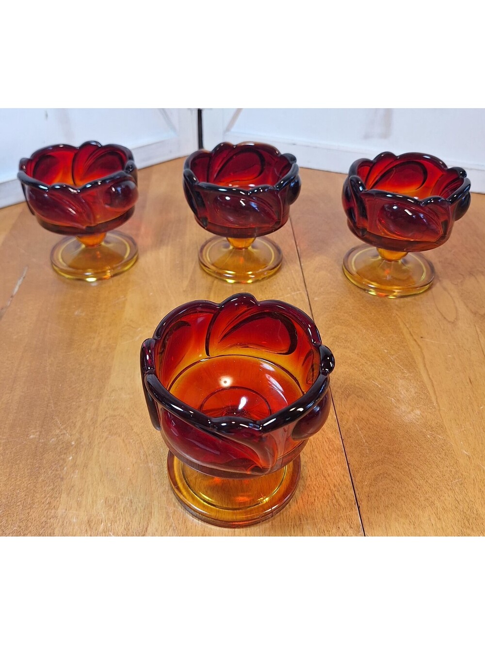 4 - Vintage Indiana Tiara Leaf Sunset Amberina Footed Dessert Dish 4” MCM